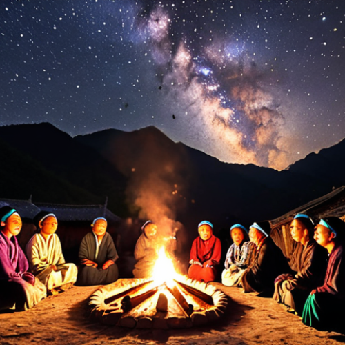 **

A wide-angle shot of a star-filled night sky over a traditional Yunnan village in China. In the foreground, villagers are gathered around a bonfire, listening to an elder tell a story. The Milky Way stretches across the sky, with constellations subtly highlighted. Capture the warm glow of the fire, the vibrant colors of traditional clothing, and the awe-struck expressions on the villagers' faces. The overall mood should be magical and culturally rich, emphasizing the connection between local legends and the cosmos. Include subtle lens flare to enhance the celestial feel.

**
