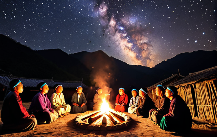 **

A wide-angle shot of a star-filled night sky over a traditional Yunnan village in China. In the foreground, villagers are gathered around a bonfire, listening to an elder tell a story. The Milky Way stretches across the sky, with constellations subtly highlighted. Capture the warm glow of the fire, the vibrant colors of traditional clothing, and the awe-struck expressions on the villagers' faces. The overall mood should be magical and culturally rich, emphasizing the connection between local legends and the cosmos. Include subtle lens flare to enhance the celestial feel.

**