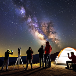 ** A vibrant gathering of amateur astronomers at a dark sky site. Several telescopes are set up, pointed at a Milky Way filled sky. People of all ages are looking through eyepieces, sharing information, and taking astrophotos with their smartphones and cameras. A sense of community and shared passion for the cosmos is evident. Include elements suggesting a comfortable tourism setup like camping chairs and a small information booth.

**
