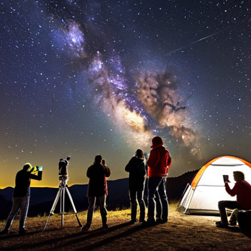 ** A vibrant gathering of amateur astronomers at a dark sky site. Several telescopes are set up, pointed at a Milky Way filled sky. People of all ages are looking through eyepieces, sharing information, and taking astrophotos with their smartphones and cameras. A sense of community and shared passion for the cosmos is evident. Include elements suggesting a comfortable tourism setup like camping chairs and a small information booth.

**