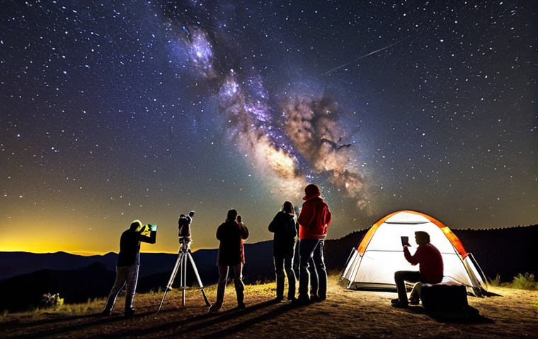** A vibrant gathering of amateur astronomers at a dark sky site. Several telescopes are set up, pointed at a Milky Way filled sky. People of all ages are looking through eyepieces, sharing information, and taking astrophotos with their smartphones and cameras. A sense of community and shared passion for the cosmos is evident. Include elements suggesting a comfortable tourism setup like camping chairs and a small information booth.

**