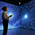 A professional woman in a modest business casual outfit, standing thoughtfully amidst a cutting-edge immersive space exhibition. Dynamic holographic projections of galaxies and nebulae illuminate the modern exhibition hall walls around her. Interactive light art installations showcase cosmic phenomena, blending art and science with an educational focus. Fully clothed, appropriate attire, safe for work, perfect anatomy, correct proportions, well-formed hands, proper finger count, natural pose, professional, high-quality photography, ambient lighting, sharp focus, modest clothing.