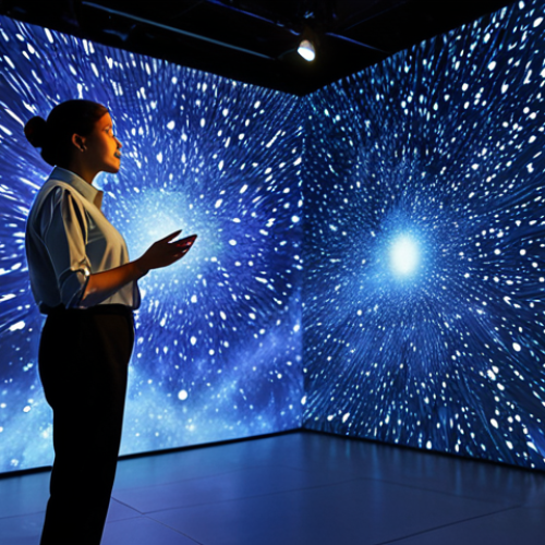 A professional woman in a modest business casual outfit, standing thoughtfully amidst a cutting-edge immersive space exhibition. Dynamic holographic projections of galaxies and nebulae illuminate the modern exhibition hall walls around her. Interactive light art installations showcase cosmic phenomena, blending art and science with an educational focus. Fully clothed, appropriate attire, safe for work, perfect anatomy, correct proportions, well-formed hands, proper finger count, natural pose, professional, high-quality photography, ambient lighting, sharp focus, modest clothing.