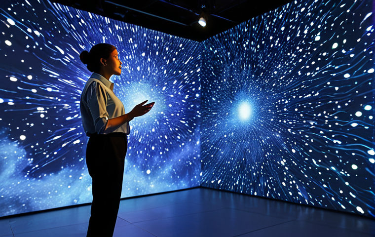 A professional woman in a modest business casual outfit, standing thoughtfully amidst a cutting-edge immersive space exhibition. Dynamic holographic projections of galaxies and nebulae illuminate the modern exhibition hall walls around her. Interactive light art installations showcase cosmic phenomena, blending art and science with an educational focus. Fully clothed, appropriate attire, safe for work, perfect anatomy, correct proportions, well-formed hands, proper finger count, natural pose, professional, high-quality photography, ambient lighting, sharp focus, modest clothing.