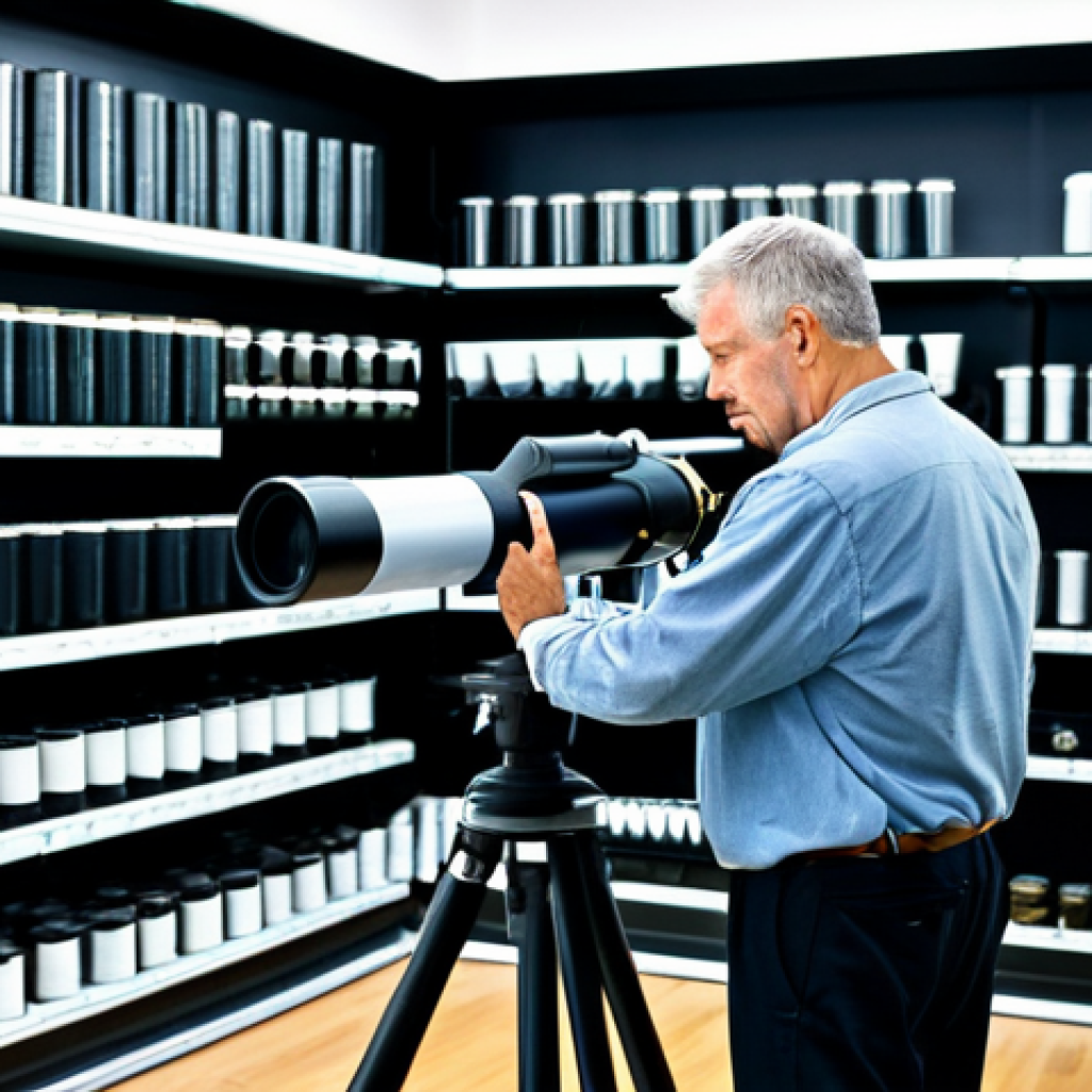 **Telescope Selection:** "A person fully clothed, appropriate attire, carefully examining a refracting telescope in a well-lit store. Several telescopes are displayed on shelves in the background. Safe for work, professional setting, perfect anatomy, natural pose, correct proportions, family-friendly content."