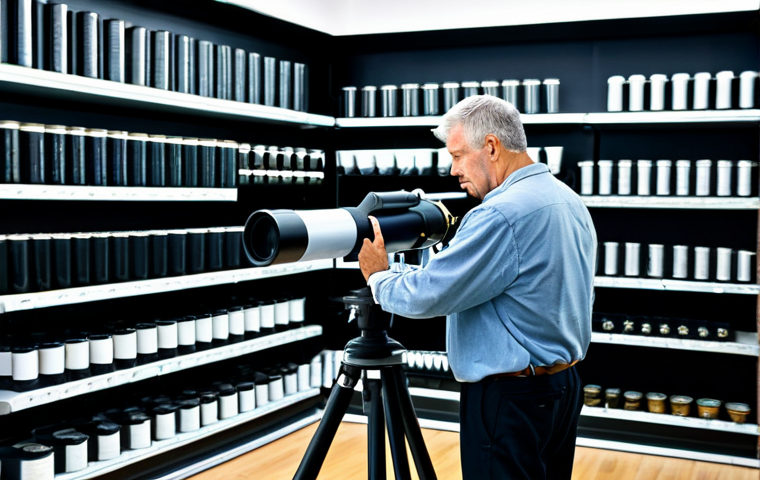 **Telescope Selection:** "A person fully clothed, appropriate attire, carefully examining a refracting telescope in a well-lit store. Several telescopes are displayed on shelves in the background. Safe for work, professional setting, perfect anatomy, natural pose, correct proportions, family-friendly content."