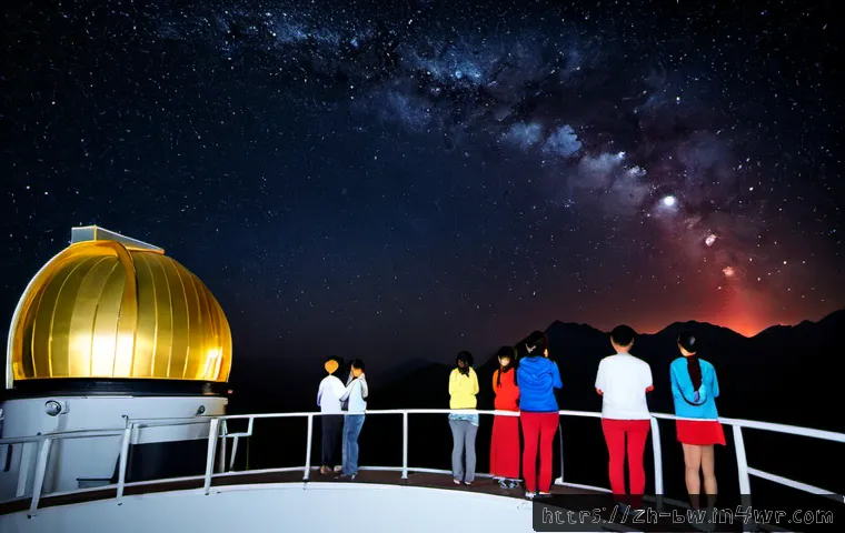 천문 관광을 통한 교육적 가치 - Photorealistic nighttime astronomy tourism experience at a mountain observatory, diverse family with...