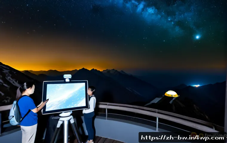 천문 관광과 과학의 융합 - Photorealistic night observatory tourism scene on a mountain ridge, diverse adult visitors looking t...